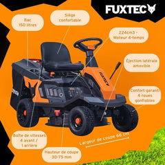 FUXTEC FX-RMR66 Aufsitzmäher, 6 PS Rasentraktor, 66 cm Schnittbreite, 150 l Grasfangkorb, Schnitthöhe