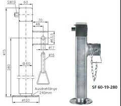Gleitstütze für Anhänger SF 60-19-280 Maximale Belastung der Stütze 1300 kg