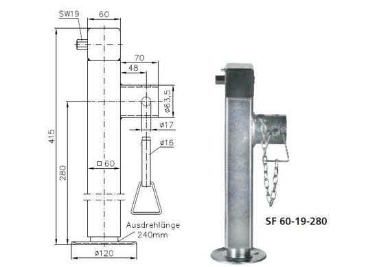 Kurbel-Stützfuß-Set SF 60-19-280 und Adapter; maximale Tragkraft 1300 kg.