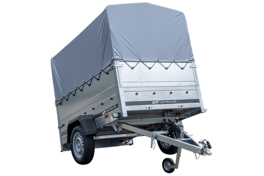 Einachsiger Anhänger 200x125 mit hoher Plane, Überrollbügel, Bordwandverlängerungen und Stützrad – Garden Trailer 201 KIPP